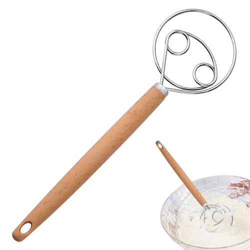 LuLiyLdJ Batidor de masa danés, batidor de mariposa, batidor en espiral de acero inoxidable, batidor de masa danés, batidor holandés, batidor de huevos con mango de madera, 1 pieza