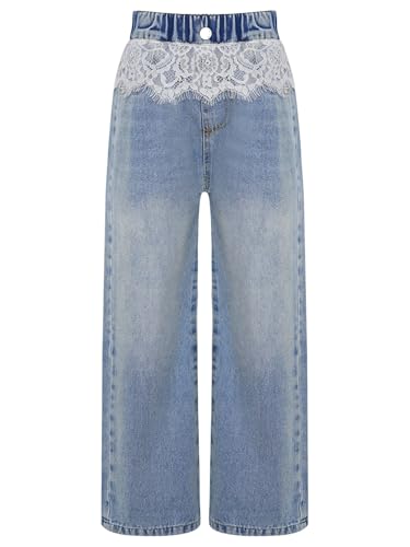 Kids Girls Lace Trim Jeans Wide Leg Baggy Denim Pants High Waist Denim Trousers Casual Streetwear with Pockets3