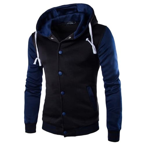evzosrz Hooded Varsity Jacket Men, Slim Fit Hoodie Baseball Button Contrast Color Patchwork Jackets Casual Sports Sweatshirts