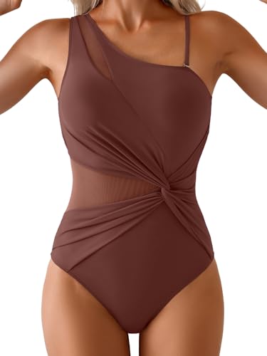 One Shoulder One Piece Swimsuit for Women Mesh Tummy Control Bathing Suit Twist Swimwear with Removable Strap Brown
