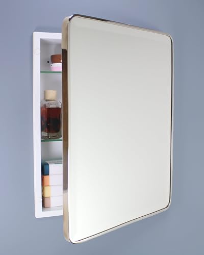 Image of 16x20 Austin Farmhouse Metal Framed Rounded Rectangle Recessed Bathroom Medicine Cabinet, Beveled Mirror, 14x18 in-Wall Opening, powder-coated Steel, Adjustable Glass Shelves, Magnet Close, Chrome