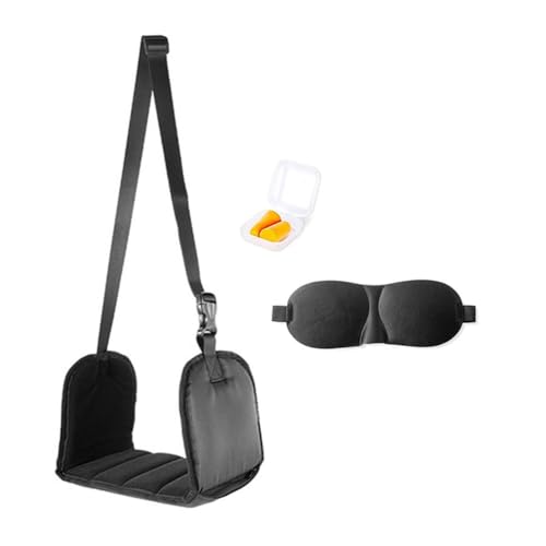 LyxosVee 飛行機用フットハンモック、職場のデスク下用フットレスト、長さ調節可能な飛行機用フットレスト、アイマスク付き
