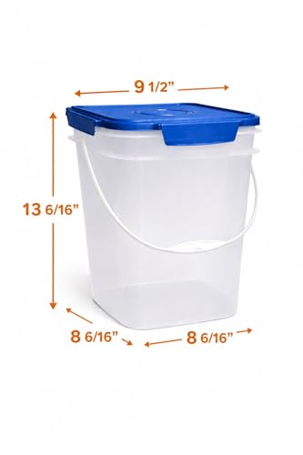 Image of House Naturals 4 Gallon Square Food Grade Bucket Pail with Plastic Handles and Lid (Pack of 3) Made in USA containers (Clear - Blue lids)