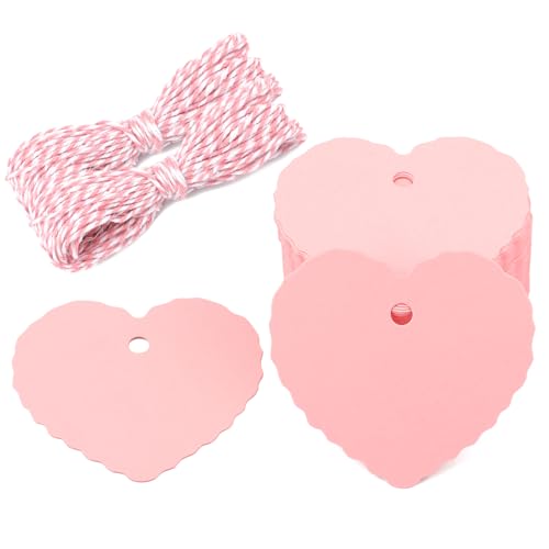 G2PLUS Pink Gift Tags 100PCS Heart Gift Tags with String 2.35 x 2.16 in Blank Hang Tag Valentines Heart Shaped Name Label Tag for Present Wrapping Valentine Wedding Party Favors Mothers Day
