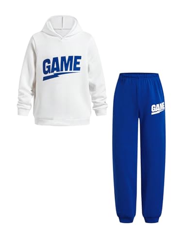 Image of SOLY HUX Boy's 2 Piece Sweatsuit Outfits Letter Graphic Hooides Sweatshirt and Jogger Sweatpants Set Blue and White 12Y
