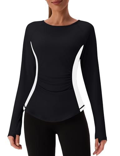 BMJL Womens Workout Tops Active Long Sleeve T Shirt Color Block Slimming Fall Shirts Gym Clothes Woman Blouses Outfits