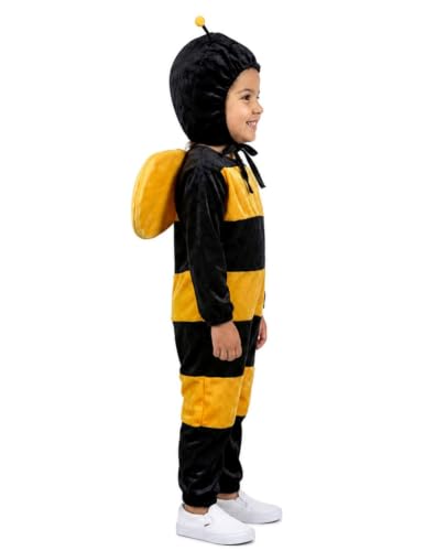 Image of BookMyCostume Kids Bumble Bee Costume - Velvet Honey Bee Insect Costume - Black Yellow Jumpsuit with Hood Antennae and Wings for School Annual Day, Fancy Dress, and Photoshoots | 3-4 Years