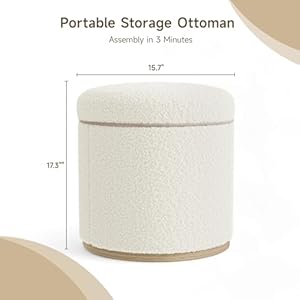 Round ottoman with storage ottoman foot rest boucle small ottoman foot stool vanity stool upholstered sherpa ottoman support 250 lbs for living room bedroom white  urban country home decor
