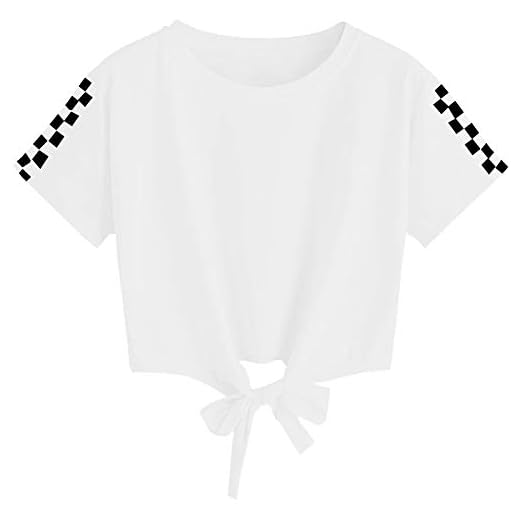 YBENLOVER Barn flickor magtröjor rutig rund hals t-shirt framsida sommar kortärmad t-shirt, Vitt, 5-6 År