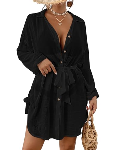 Bsubseach Sexy Beach Cover Ups for Swimwear Women Belted Shirt Dress Button Down Swimsuit Coverup Black