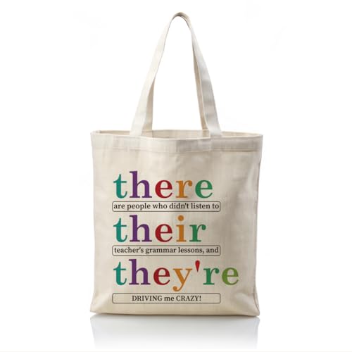 WDSXWH Teacher Canvas Totes, Their There They're Canvas Totes for English Teacher, Funny English Teacher Gift, Reusable Cloth Cotton Tote Bags, Casual Cotton Tote Bag for Work, Travel & Daily Use