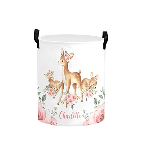 Image of Personalized Laundry Basket Hamper,Floral Deer Pink,Collapsible Storage Baskets with Handles for Kids Room,Clothes, Nursery Decor