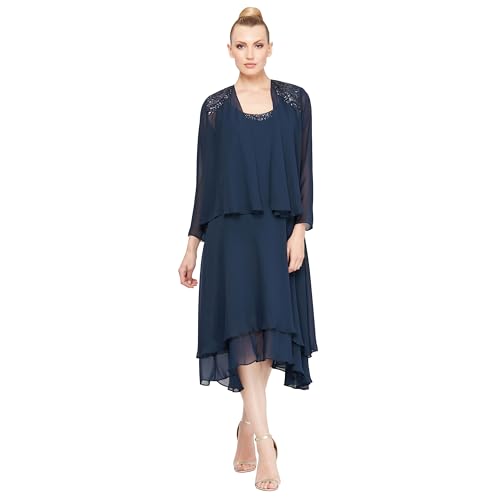 S.L. Fashions Women's Embellished Neckline & Shoulder, Mother of The Bride Jacket Dress (Petite and Regular Sizes), Navy, 4P