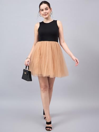 Image of Style Quotient Women Black Beige Colourblocked Net Dress