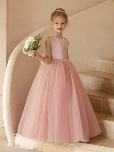JISISANG Pearls Flower Girl Satin Tulle Dress for Wedding Kids Princess Pageant First Communion Dress with Bow Knot2
