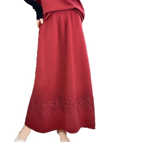 Women A-Line Knitted One-Step Umbrella Thicken Hook Flower 100% Merino Wool Cashmere Skirt Red L