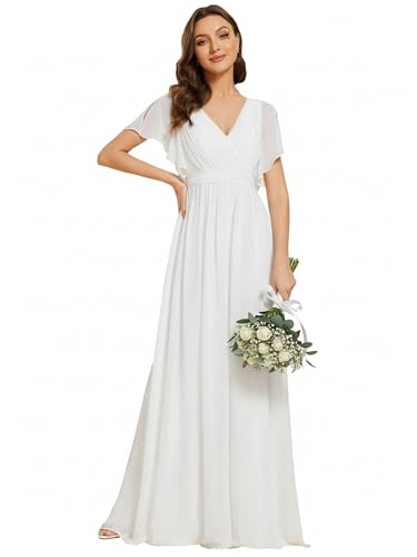 Ever-Pretty Robe pour Mariage Invité Longue Femme Col V Mousseline A Line Manches Courtes Plissé Chic Blanc 50
