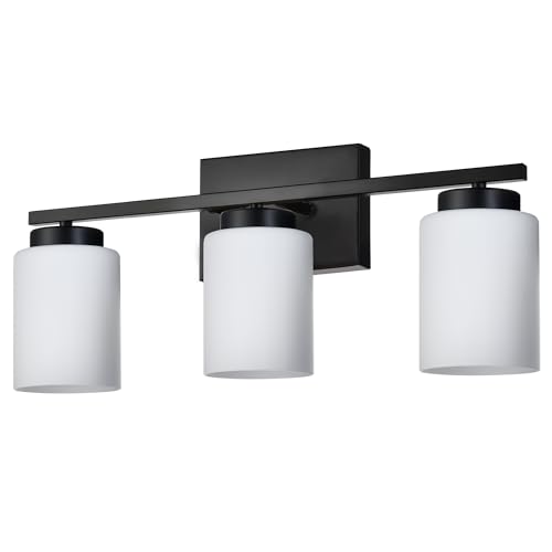 Image of Black Bathroom Vanity Light,3-Light Modern Wall Sconce Lighting with Milky White Frosted Glass Shades Bath Vintage Wall Mounted Lamps for Mirror, Living Room