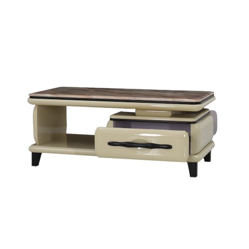 Image of Royaloak Boston American Marble Center Table | Art Marble | HDF with High Glossy Finish | Drawer Storage | American Collection | Durable & Long-Lasting | Wooden Block Tapered Legs