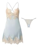 Lilosy Sexy Silk Lace Up Backless Satin Applique Floral Lace Babydoll Lingerie Dress with Tong 2 Piece Women Panty Chemise Negligee Blue Medium