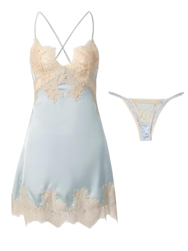 Lilosy Sexy Silk Lace Up Backless Satin Applique Floral Lace Babydoll Lingerie Dress with Tong 2 Piece Women Panty Chemise Negligee Blue Medium