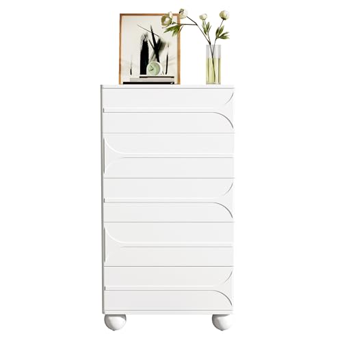Pangshiyuan Cómoda con 5 cajones de MDF en color blanco, armario con diseño en relieve y patas de metal, espacio de almacenamiento para dormitorio, salón, pasillo, 60 x 40 x 109 cm