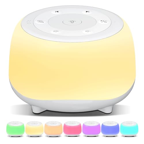 HEYAXA White Noise Sound Machine with 7 Colors Night Light 34 Soothing Sounds, Portable Sound Machine for Baby Adults Kids Sleep with 30 Volume Levels 4 Timers Adjustable Brightness (White)