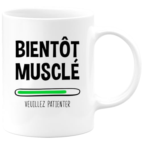 quotedazur Café-Croissant - Mug Personnalisé Humour Bientôt Musclé Veuillez Patienter - Cadeau Noël Original Drôle Homme Anniversaire Tasse Musculation - Blanc/Céramique