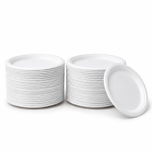 Image of Bonkaso 10 Inch, Pack of 100 Bagasse Disposable Round Plates (White)| Eco-Friendly Sugarcane Paper Plates | Biodegradable, Compostable & Sturdy | Ideal for Snacks, Desserts, Parties, Weddings & Events