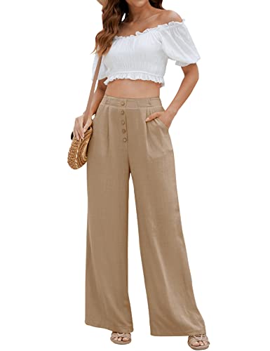 SVALIY Women Flowy Pants Cotton Linen Wide Leg Palazzo Pants Long Lounge Slacks High Waist Button Trousers Pocket