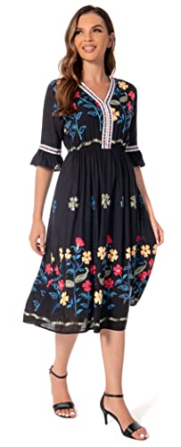Image of Shineflow Women's Short Sleeve Mexican Embroidered Floral Pleated Midi A-line Cocktail Dress