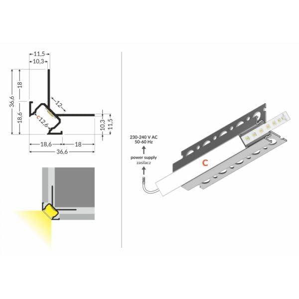 2 m de perfil de azulejos para empotrar (2 m, para tiras LED + cubierta (2 m, cobertura lechosa)