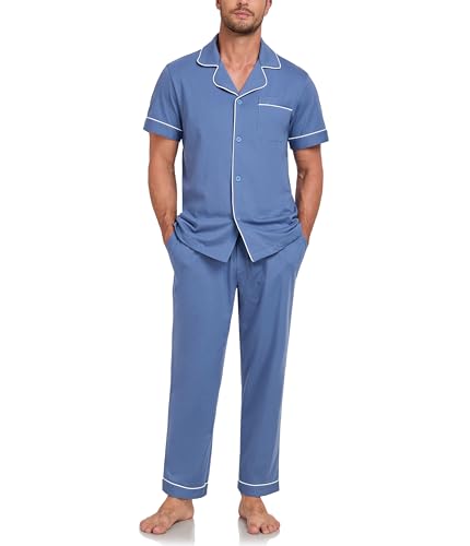 CF Men's 100% Cotton Pajama Sets Button Down Pj Sets Short Sleeve Top & Long Pants Loungewear Lightweight with pockets