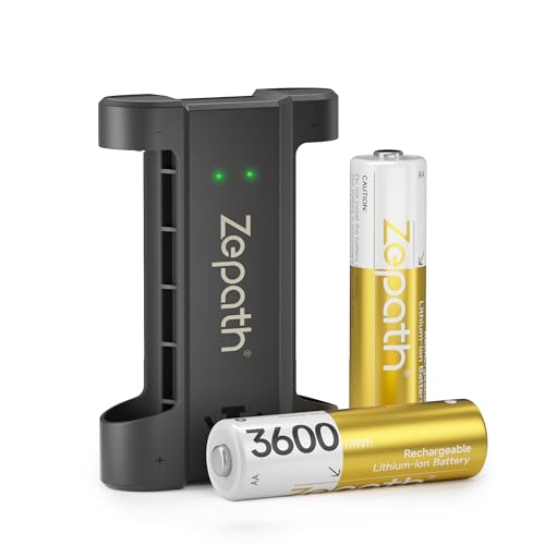 Zepath 2 pilas AA recargables de litio con cargador, 3600 mWh de alta capacidad de 1,5 V AA, batería de iones de litio recargable AA de larga duración