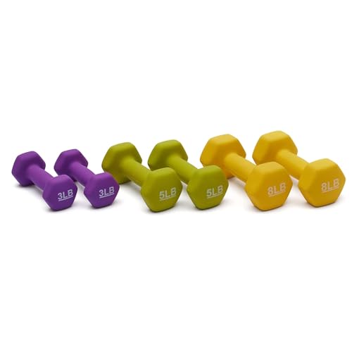 Image of KAKSS Neoprene Dumbbells Set with Stand 3Lb+5Lb+8Lb Pair, Multicolor Hex Dumbbells with Easy-Grip Coated Finish, Cast Iron Hand Weights for Home Gym Equipment and Fitness Training for Women and Men