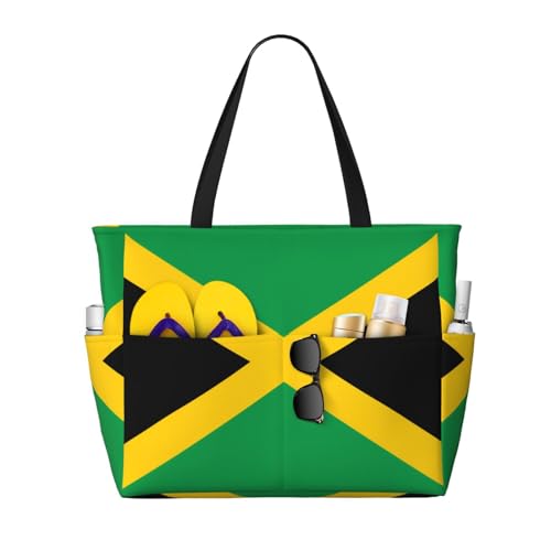 Flag of Jamaica Large capacity beach bag with zipper, perfect for grocery bag pool gym travel shopping foldable beach travel bag,