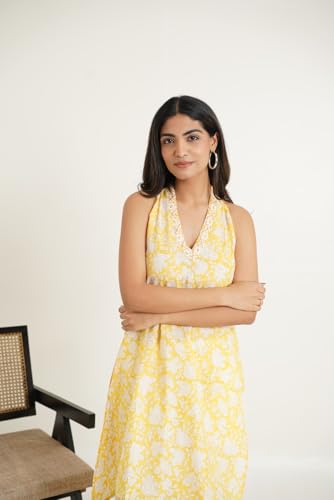 Image of GOODHAND Chic Cotton Halter Kurti with Timeless Block printsPerfect for Casual outings or Festive Flair-Where Traditional Charm Meets Modern Silhouette