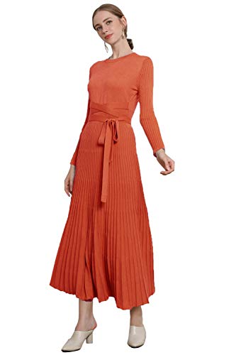 Image of Women's Long Knit Crewneck Sweater Dress Tie Waist A-Line Swing Pleated Bodycon