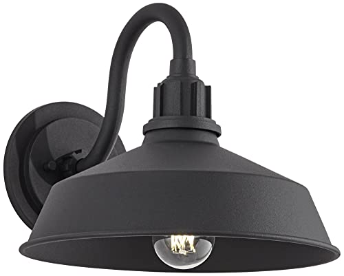 Franklin Iron Works Arnett Rustic Urban Barn Outdoor Wall Light Fixture Smooth Black Aluminum 10 1/2" Gooseneck Arm For Exterior House Porch Patio Outside Deck Garage Yard Front Door Garden Home #TOP1