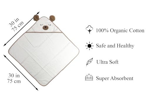 Image of Organic Baby Hooded Bath Towel 30x30 Inch - 100% Organic Cotton, 380 GSM Soft & Absorbent Newborn Towel with Embroidered Hood, (Bear)
