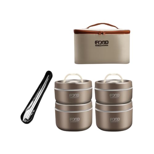 Rhljgbs 保温弁当箱 多層ランチボックス 真空断熱スープランチセット スープジャー 弁当箱 大容量 2段 /3段/4段 ステンレス フードジャー ポータブルお弁当箱 収納バッグ付き 保温 通勤 運動会 通学 キャンプ (ブラウン,4個 (420ML*