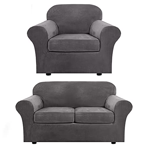 H.VERSAILTEX Velvet Plush Armchair Cover Bundles Loveseat Cover for 2 Cushion Couch, Furniture Protector, Ultra Soft, Removable and Washable, Gray