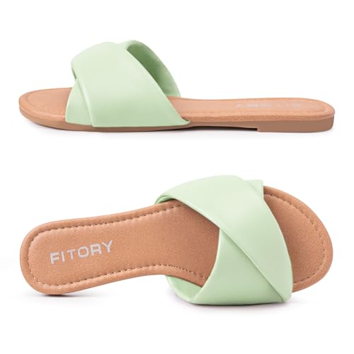 Image of FITORY Women's Flat Sandals Fashion Slides With Soft Leather Slippers for Summer Size 6-11