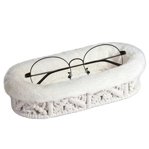 OPULANE Glasses Holder Anti-scratch Plush Lined Eyeglass Holder Stand Oval Eye-glasses Storage Organizer Case for Nightstand Office Desk Bedside Table Beige
