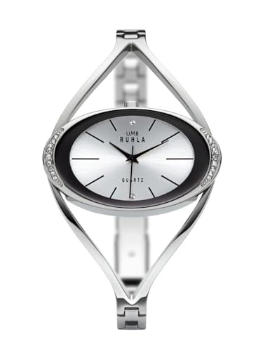 RUHLA-Style 91314 - Quarz Damenarmbanduhr 44 mm - Edelstahlgehäuse mit Glitzersteinchen - Schwarz Silber Zifferblatt - Edelstahlgliederarmband - Mineralglas - Made in Germany