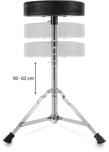 XDrum Schlagzeughocker Semi - Höhenverstellbarer Drum Hocker, verstellbar von 50-62 cm - Drei stabile Standbeine mit Gummifüßen, zusammenklappbar - Extra dicke 4 cm Polsterung für bequemen Sitz
