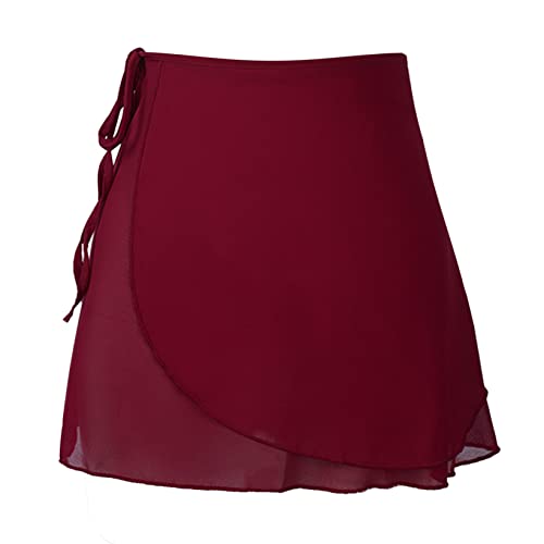 JanJean Women Girls 2 Layers Chiffon Wrap Skirt Ballet Dance Skirts Over Scarf Skater Skirt with Tie Waist Burgundy B Medium