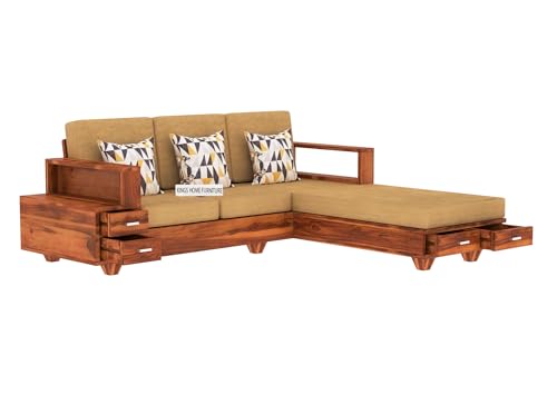 Image of Sheesham Wood 4 Seater L Shape Sofa Set with 2 Drawer Storage | 3+1 Wooden Sofa Set Furniture for Living Room Home Office (L Shape,Honey)