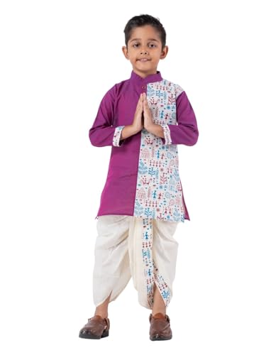 Image of Kids Ethnic Wear - Stylish Half Printed & Vibrant Color Pure Cotton Kurta with Elastic Waist Dhoti Set for Boys