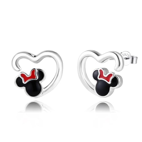 Heart Mouse Earrings for Teen Women Sterling Silver Hpoallergenic Love Heart Shaped Stud Earrings Lovely Lightweight Cute Animal Black Mouse Bow Earring Dainty Jewelry Gifts for Daughter Granddaughter